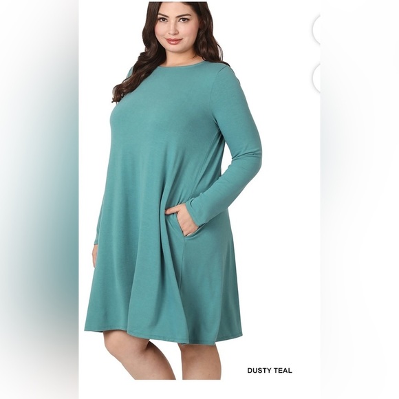 Zenana Long Sleeve Jersey Swing T-Shirt Dress with Side Pockets Dusty Teal XL - Picture 2 of 9